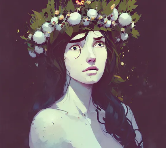 Image similar to portrait of forest godess with flower crown, by atey ghailan, by greg rutkowski, by greg tocchini, by james gilleard, by joe fenton, by kaethe butcher, by ashley wood, dynamic lighting, gradient light blue, brown, blonde cream and white color scheme, grunge aesthetic