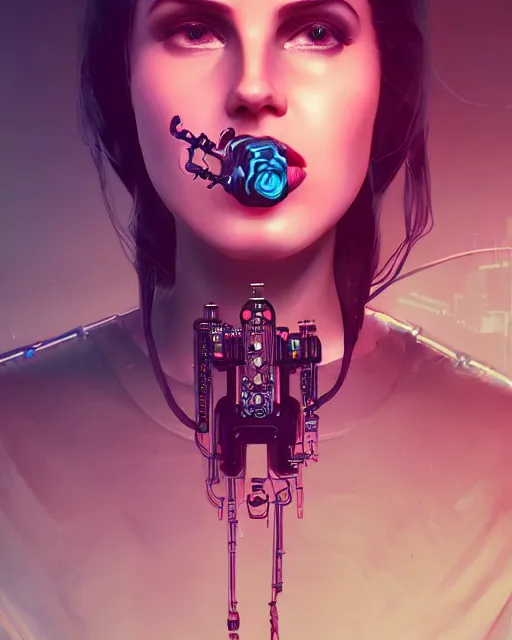 Prompt: portrait of lana del rey as a cyberpunk cyborg. rose on mouth, sci - fi, missing panels, intricate abstract upper body intricate artwork, by tooth wu, wlop, beeple, dan mumford. concept art, octane render, deviantart, greg rutkowski, cinematic, key art, hyperrealism, iridescent accents