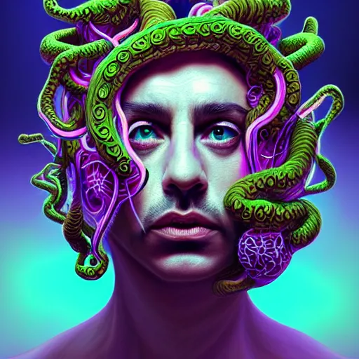 Image similar to an extremely psychedelic portrait of medusa as joe rogan, surreal, lsd, face, detailed, intricate, elegant, lithe, highly detailed, digital painting, artstation, concept art, smooth, sharp focus, illustration