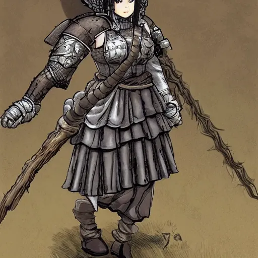 Prompt: a rustic woman wearing medieval armor, by yusuke murata