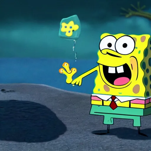 Prompt: Spongebob Squarepants confronting his inner trauma as it manifests in physical form