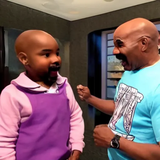 Prompt: rapper steve harvey meeting small steve harvey inside a jar