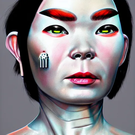 Image similar to cyborg bjork, a photorealistic painting by wang duo, featured on cg society, photorealism, behance hd, ultrafine detail, high detail