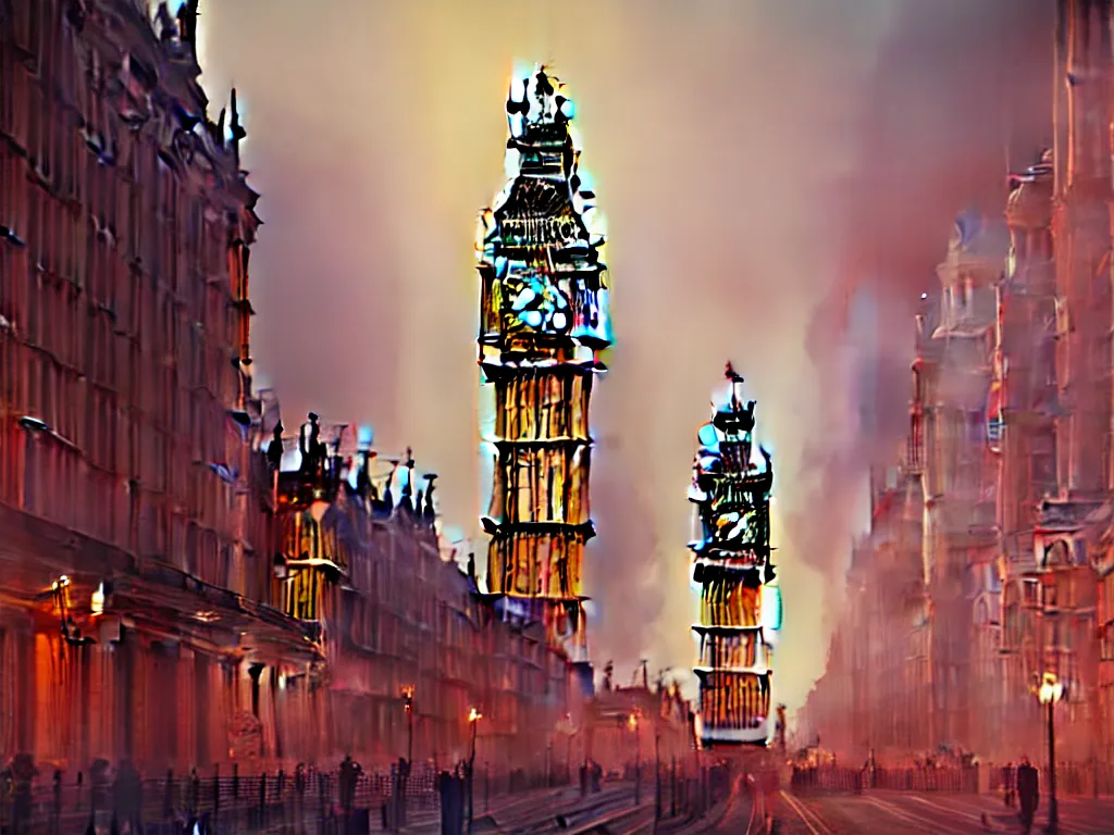 Image similar to a giant ancient beautiful cyborg of the elder gods with pipes and tubes in the city of London, London streets with bigben in the background, colourful, dramatic lighting, golden hour, very detailed octane render very realistic beautiful