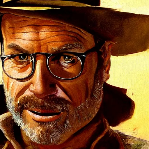 Image similar to bobcat goldthwait as indiana jones painting by frank frazetta, highly detailed, high quality, 8 k, realistic face, path traced