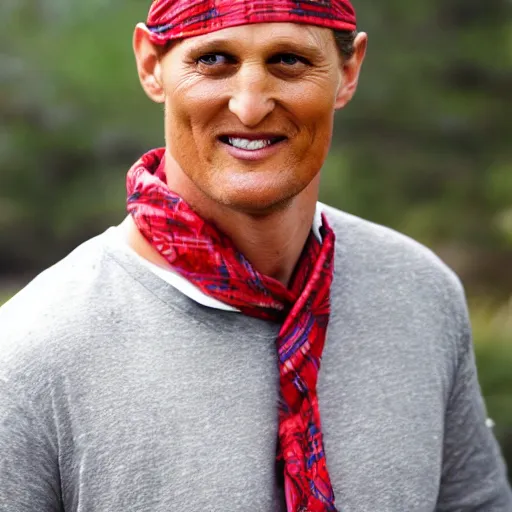 Prompt: a man who is a combination of woody Harrelson and Mathew McConaughey is wearing a red bandana and trying to sell you a tent trailer