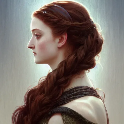 Image similar to portrait of sansa stark with long hair, intricate, elegant, highly detailed, digital painting, artstation, concept art, smooth, sharp focus, illustration, art by artgerm and greg rutkowski and alphonse mucha and william - adolphe bouguereau