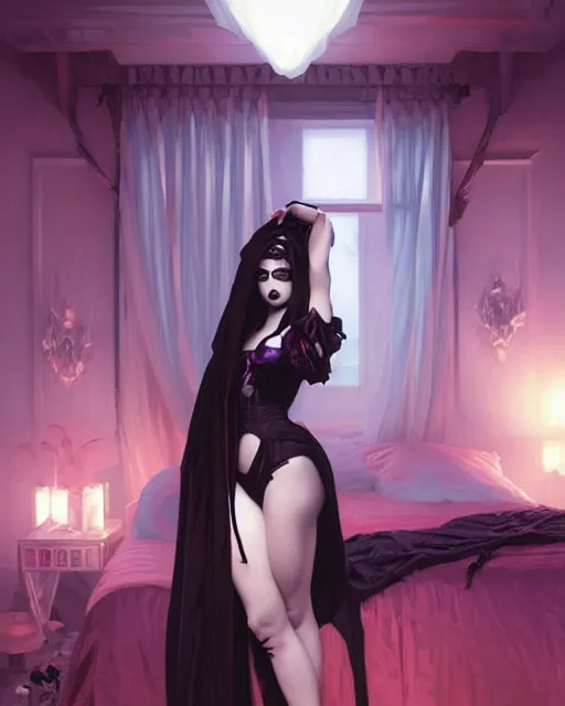 Image similar to goth girl, posing, vaporwave, modern bedroom!!!!!, highly detailed, digital painting, artstation, concept art, smooth, sharp focus, illustration, art by artgerm and greg rutkowski and alphonse mucha