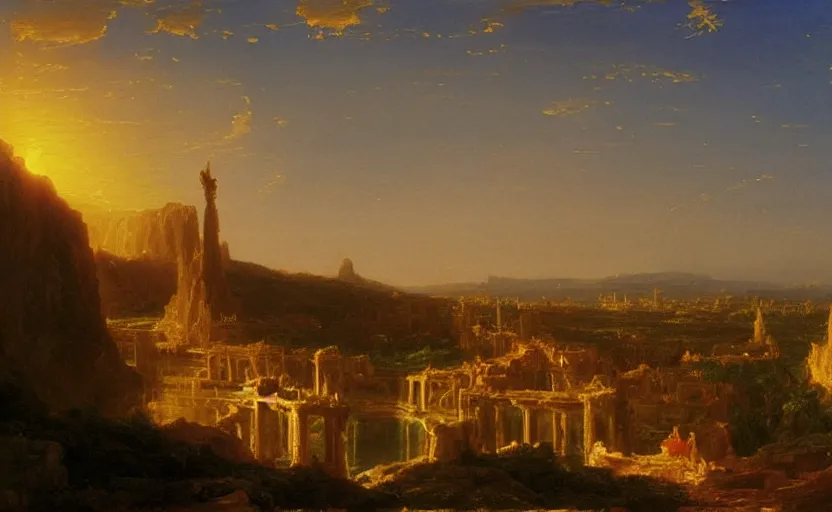 Image similar to a city of light and gold under the ancient runs painted by thomas cole