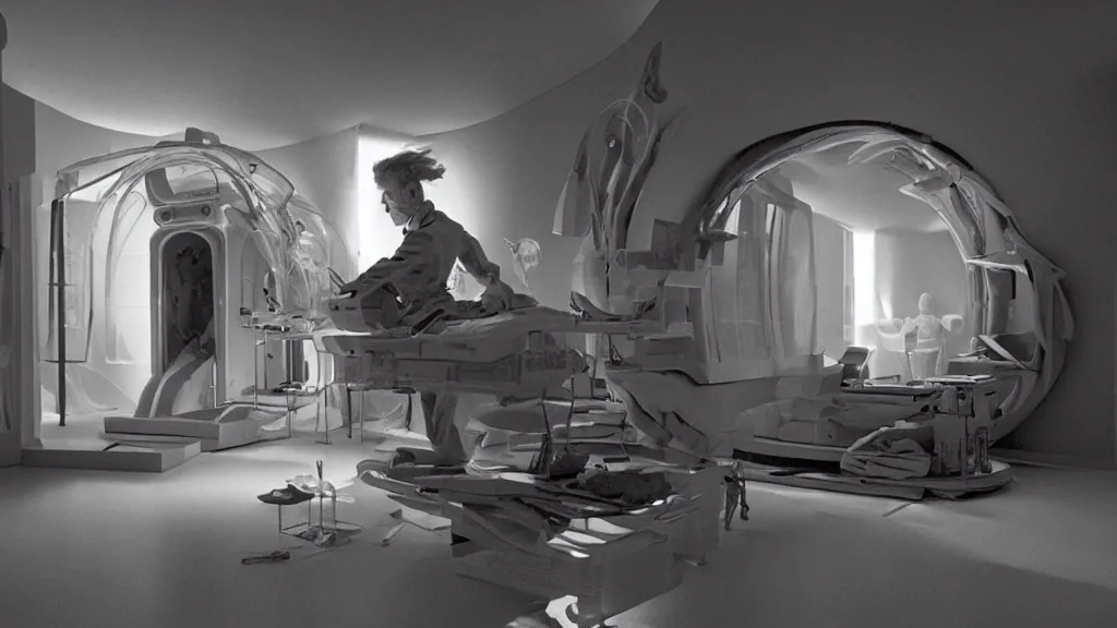 Image similar to an mri section of james cavell in the living room, film still from the movie directed by denis villeneuve with art direction by salvador dali, wide lens