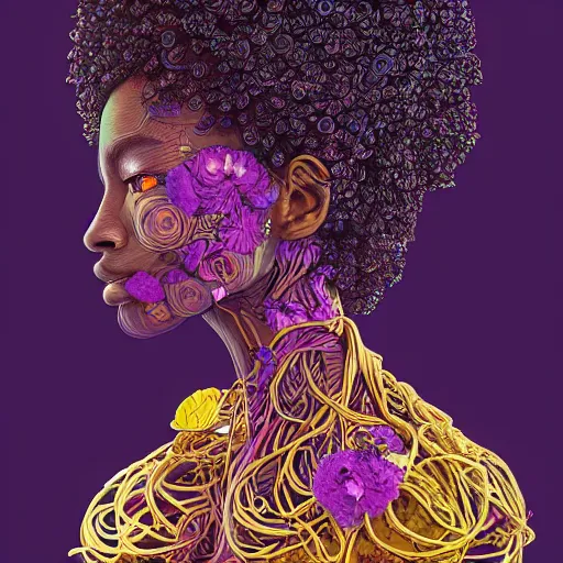 Prompt: the head of an unbelievably elegant and beautiful black woman partially made of potatoes roots and violets, an ultrafine detailed illustration by james jean, final fantasy, intricate linework, bright colors, behance contest winner, vanitas, angular, altermodern, unreal engine 5 highly rendered, global illumination, radiant light, detailed and intricate environment