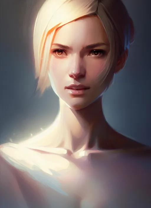 Image similar to digital character concept art by artgerm greg rutkowski sylvain sarrailh. clear portrait of a shy modern wife blessed by god to grow immaculately fertile and perfect!! blonde, in clothes! holy body! light effect. hyper detailed, glowing lights!! intricate, elegant, digital painting, artstation, smooth, sharp focus