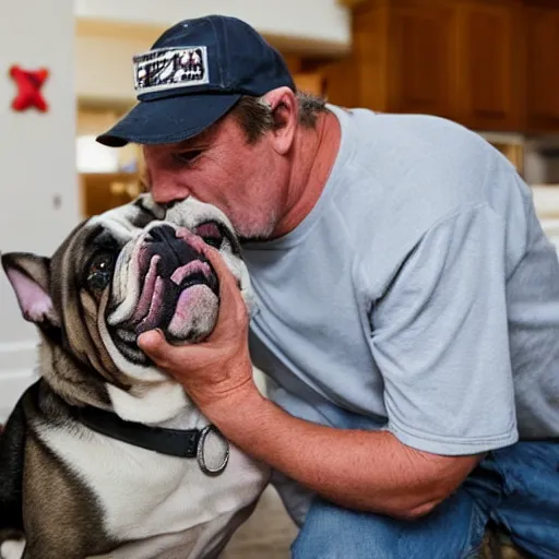 Prompt: Buddy the graying middle aged homeless man playing xbox and petting an english bulldog wearing a crown, dog wearing a crown