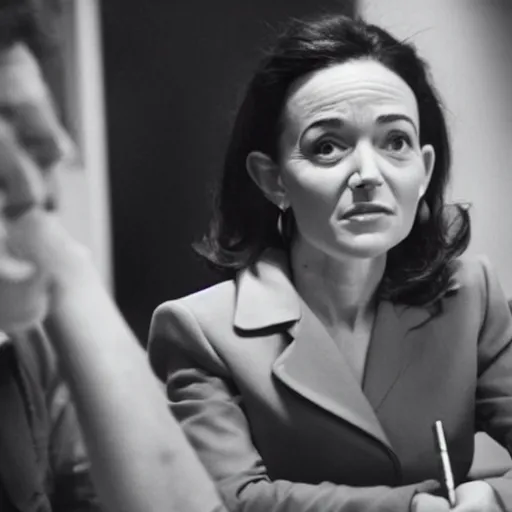 Prompt: Movie still of Sheryl Sandberg at a board meeting in The Doomsday Machine, directed by Steven Spielberg