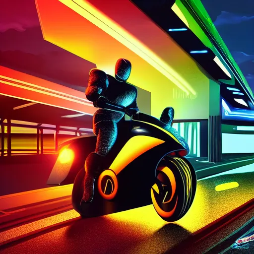 Image similar to a cyber man driving a futuristic neon motorcycle fast on a urban road in the nighttime, digital art, realistic, detailed, mysterious, dramatic, cinematic