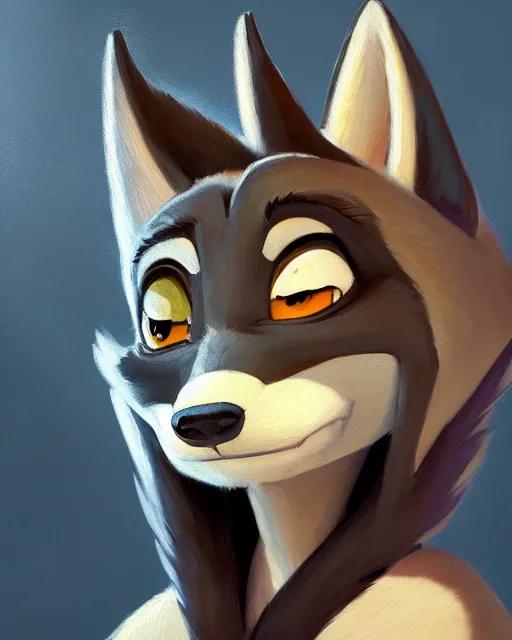 Image similar to beautiful oil painting of anthromorphic female wolf, in style of zootopia, zootopia, zootopia, fursona, furry, furaffinity, 4 k, deviantart, furry art, fursona art, wearing black business suit, business suit, in style of zootopia, wolf fursona, cyberpunk, female, very very very expressive detailed feminine face,