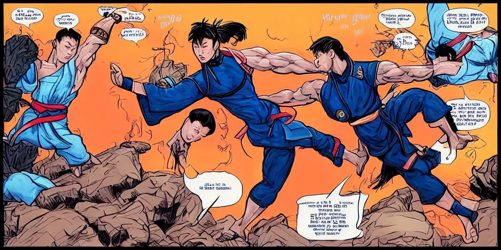 Image similar to Chun Li teaching Trump jujitsu. Epic painting by James Gurney and (Laurie Greasley).