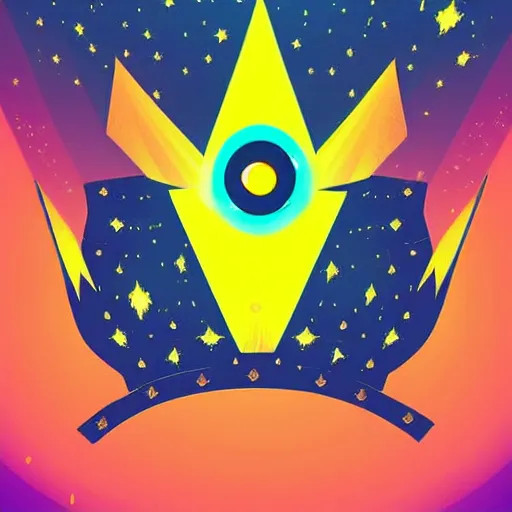 Prompt: a glowing crown sitting on a table with one large beautiful eye mounted on it like a jewel, stars on top of the crown, night time, vast cosmos, geometric light rays, bold black lines, flat colors, minimal psychedelic 1 9 6 0 s poster illustration