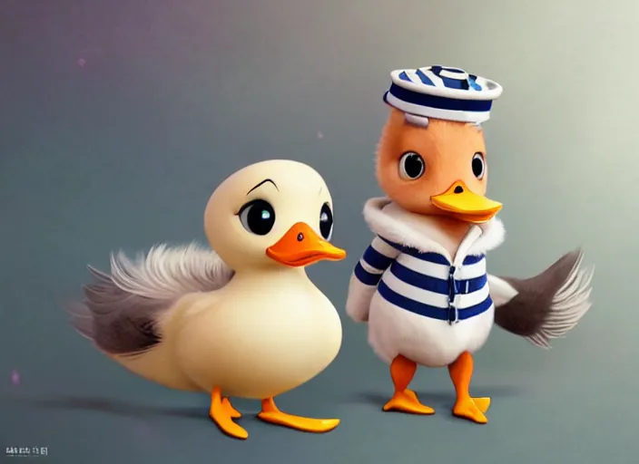 Image similar to award - winning detailed concept art of a cute iconic anthropomorphic duck character wearing a sailor suit. art by wlop on bcy. net, realistic. detailed feathers, art by cheng yi. artstationhd, artgerm, 3 dcg, pixar zootopia. 3 d rendering, high quality model sheet, donald