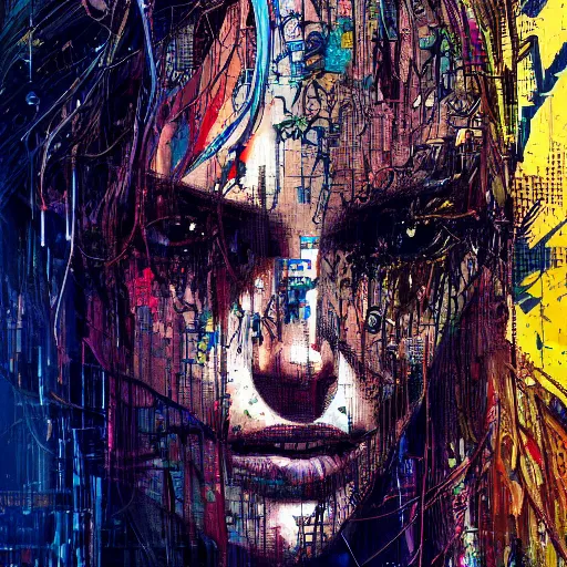 Prompt: a portrait of a character in a scenic environment by carne griffiths, hyperdetailed, cyberpunk, cybernetically augmented, cool, trending on artstation