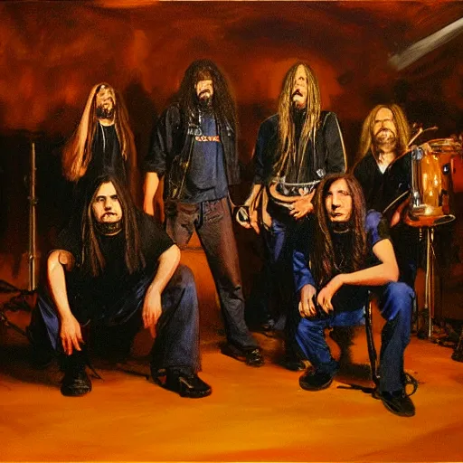 Prompt: greg manchess painting of an metal band photo, direct flash photography at night, film grain