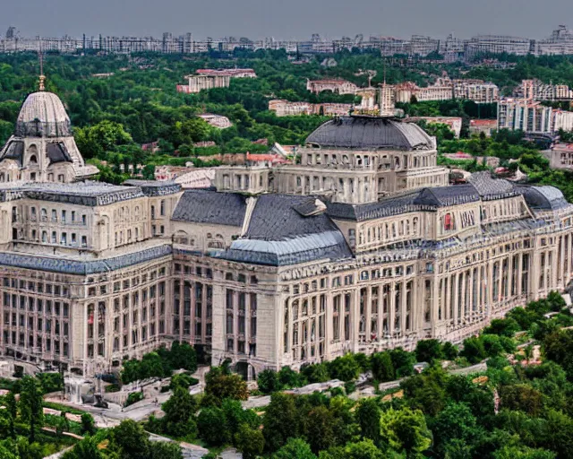 Image similar to 4 k hd, high resolution photograph of bucharest palace of parliament, full colour, shot with sigma f / 4. 2, 2 5 0 mm sharp lens, wide shot, high level texture render