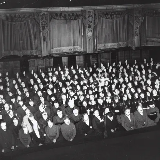 Prompt: Photo of crowd at 1944 opera shows one person who clearly doesn't belong