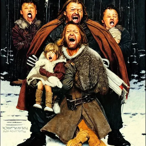 Image similar to ned stark screaming by norman rockwell