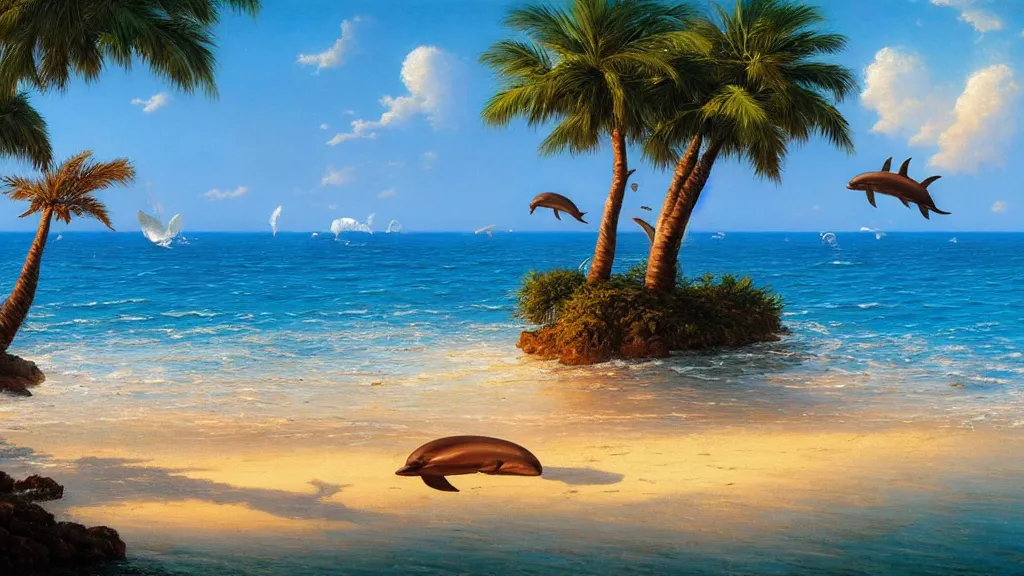 Image similar to sea, summer, clear beautiful sky, bright sky, dolphins jumping, peaceful, amazing, by andreas rocha and john howe, and Martin Johnson Heade, featured on artstation, featured on behance, golden ratio, ultrawide angle, f32, well composed