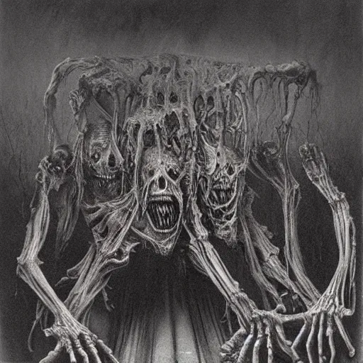 Image similar to merge skeletons in the hundeds reaching out the borken portal to hell, artwork by beksinski gammell mcfarlane giger realsistic horror, wispy prismatic ink horrors