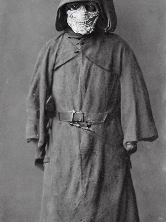 Prompt: portrait of faceless grim reaper with covered facr, ww1 photo, grainy, high detail, high resolution,
