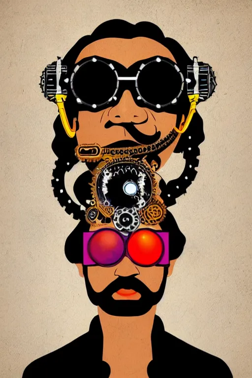 Image similar to face portrait of an indian man with long neon moustache rajasthani pagdi wearing madmax style steampunk goggles and steampunk jewelry, art by butcher billy, sticker, colorful, illustration, highly detailed, simple, smooth and clean vector curves, no jagged lines, vector art, smooth