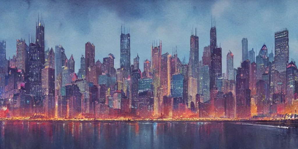 Prompt: cartoonish chicago city skyline in the night, vivid colors, character sheet, fine details, concept design, contrast, kim jung gi, greg rutkowski, watercolor, trending on artstation, 8 k, full body, turnaround, front view, back view, ultra wide angle