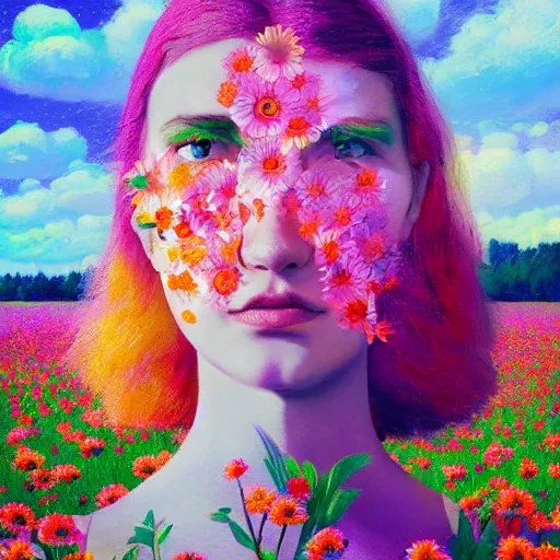 Prompt: girl with a scaled up flower as a face, surreal photography, dream, standing in flower field, hills, big trees, sunrise dramatic light, impressionist painting, colorful clouds, digital painting, pointillism, artstation, simon stalenhag, flower face