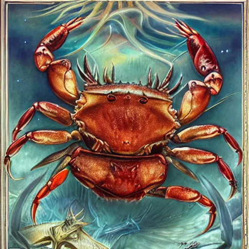 Image similar to detailed and sharp crab god zodiac artwork, mystic style, detailed, 8 k, detailed, symmetrical, by brian froud