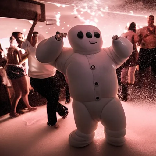 Image similar to cinematic photo of the michelin man dancing at a foam party with party lights