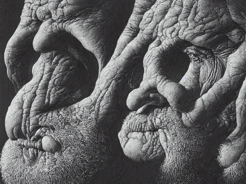 Prompt: Close up view of the nostrils of an old man. Painting by Beksinski, Walton Ford, Ernst Haeckel