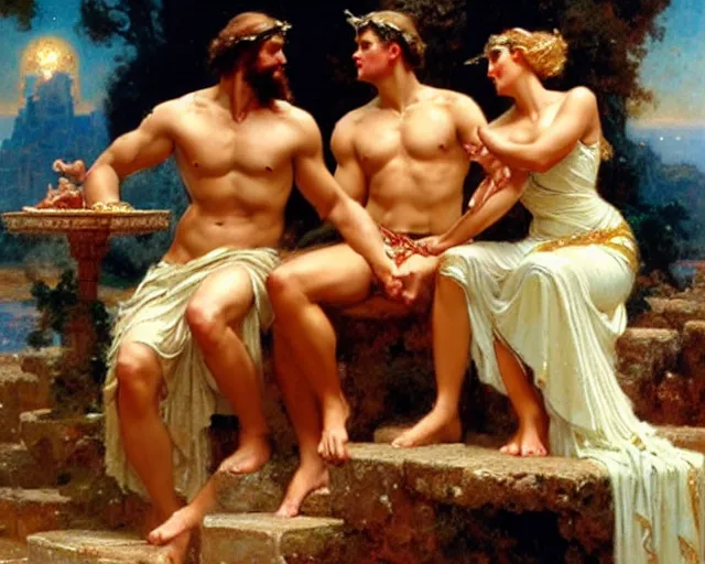 Prompt: distracted boyfriend meme of zeus ignoring hera to look at adonis, painting by gaston bussiere, craig mullins, j. c. leyendecker