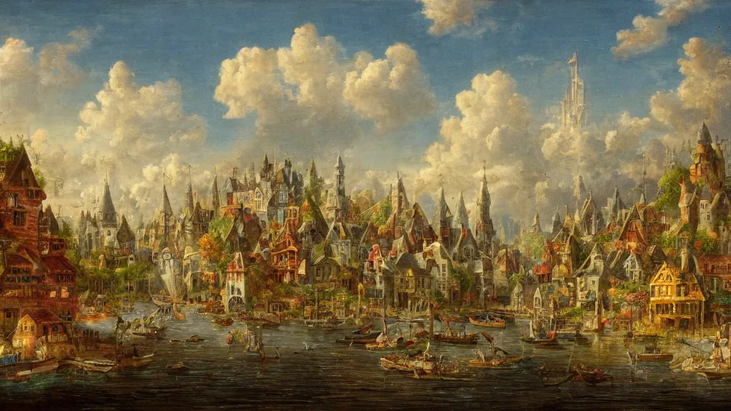 Image similar to an old enchanted fantasy town, viewed from the harbor, by jean - baptist monge,