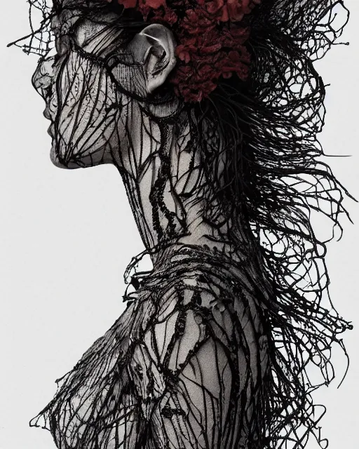 Image similar to a woman's face in profile, hair entwined in a coral reef, made of intricate decorative lace leaf skeleton, in the style of the dutch masters and gregory crewdson, dark and moody