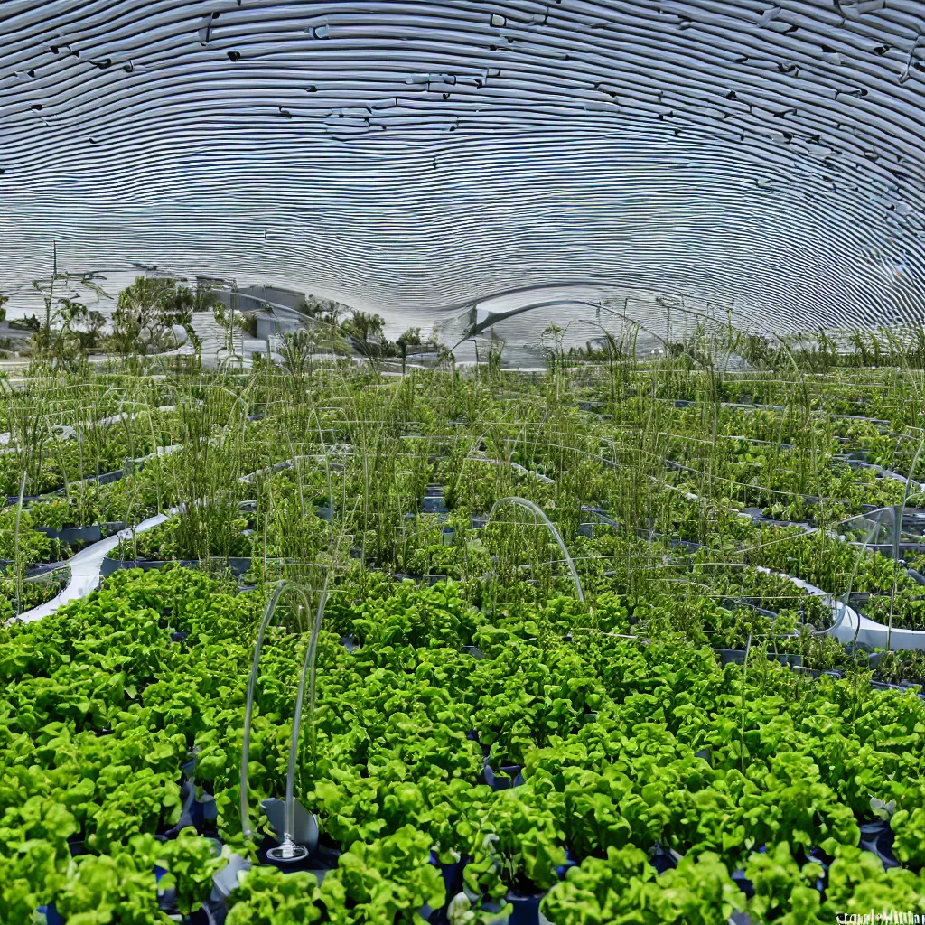 Image similar to zaha hadid windtrap shaped atmospheric water collector, irrigation system in the background, racks of vegetables growing, in the middle of the desert, with a miniature indoor lake, XF IQ4, 150MP, 50mm, F1.4, ISO 200, 1/160s, natural light at sunset with outdoor led strip lighting