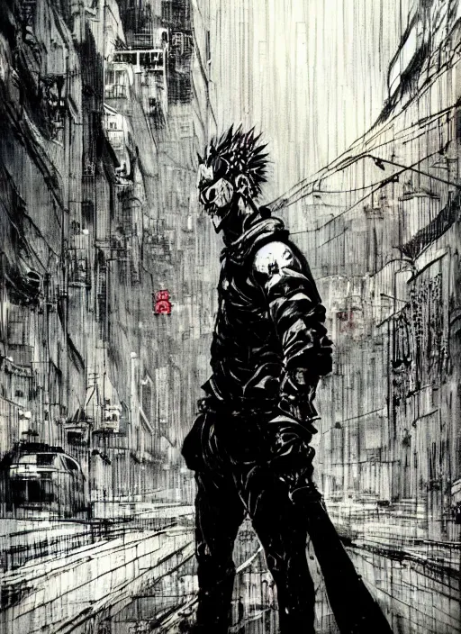 Prompt: Noi from Dorohedoro standing on the street, anime, rain, fog, artstation, trending on Yoji Shinkawa style