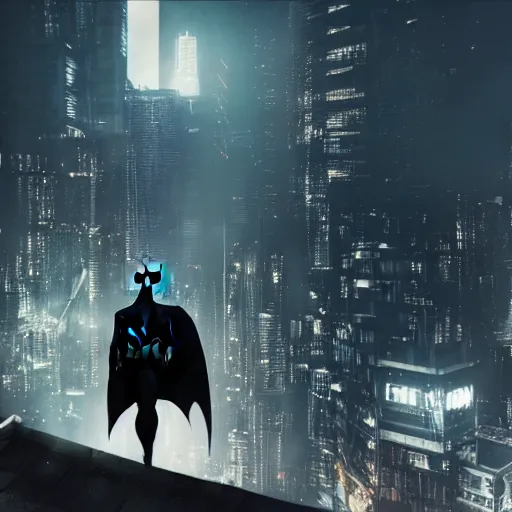 Prompt: Batman crouching on a rooftop with his back to us overlooking a dystopian cityscape at night, cyberpunk, highly detailed, 4k