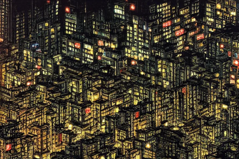 Image similar to kowloon walled city at night, by yoshitaka amano