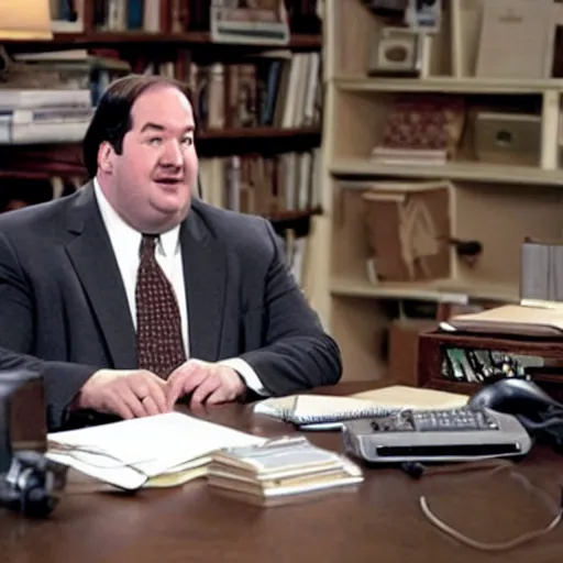 Prompt: Kevin Malone sitting at his desk listening to a small radio