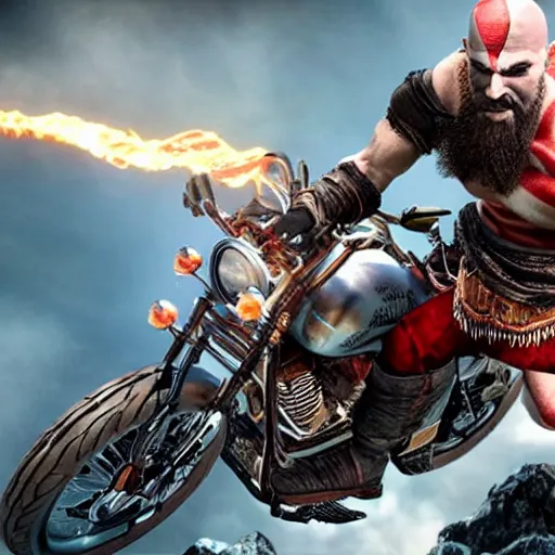 Prompt: kratos jumping a black harley - davidson motorcycle off a cliff, cinematic render, playstation studios official media, god of war 2 0 1 8, flames, centered, red tattoos