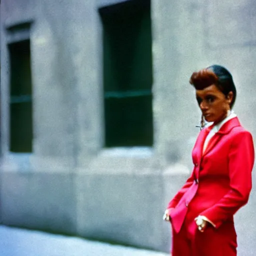 Image similar to street photography portrait of a woman in a suit in the streets of new york, 1 9 6 0 s, colour film street photography, photo taken with ektachrome, featured on flickr, photographed on damaged film