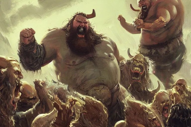 Prompt: worm's eye view of braun strowman as a huge hulking viking laughing with fat bald warriors, dark misty foggy valley, night, painted by phil hale and rick berry and norman rockwell and jack kirby and tom lovell and jeremy mann, based on ogre kingdoms by cos koniotis