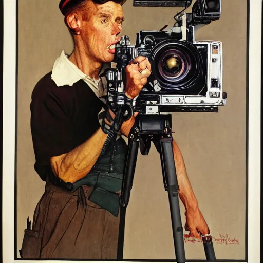 Image similar to norman rockwell painting of a television crew member holding a large television - video - camera