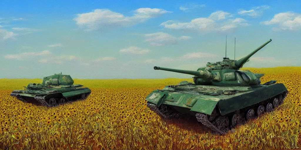 Image similar to an eastern front battlefield landscape, summertime, shell craters, single smoking destroyed tank, sunflower field, digital oil painting